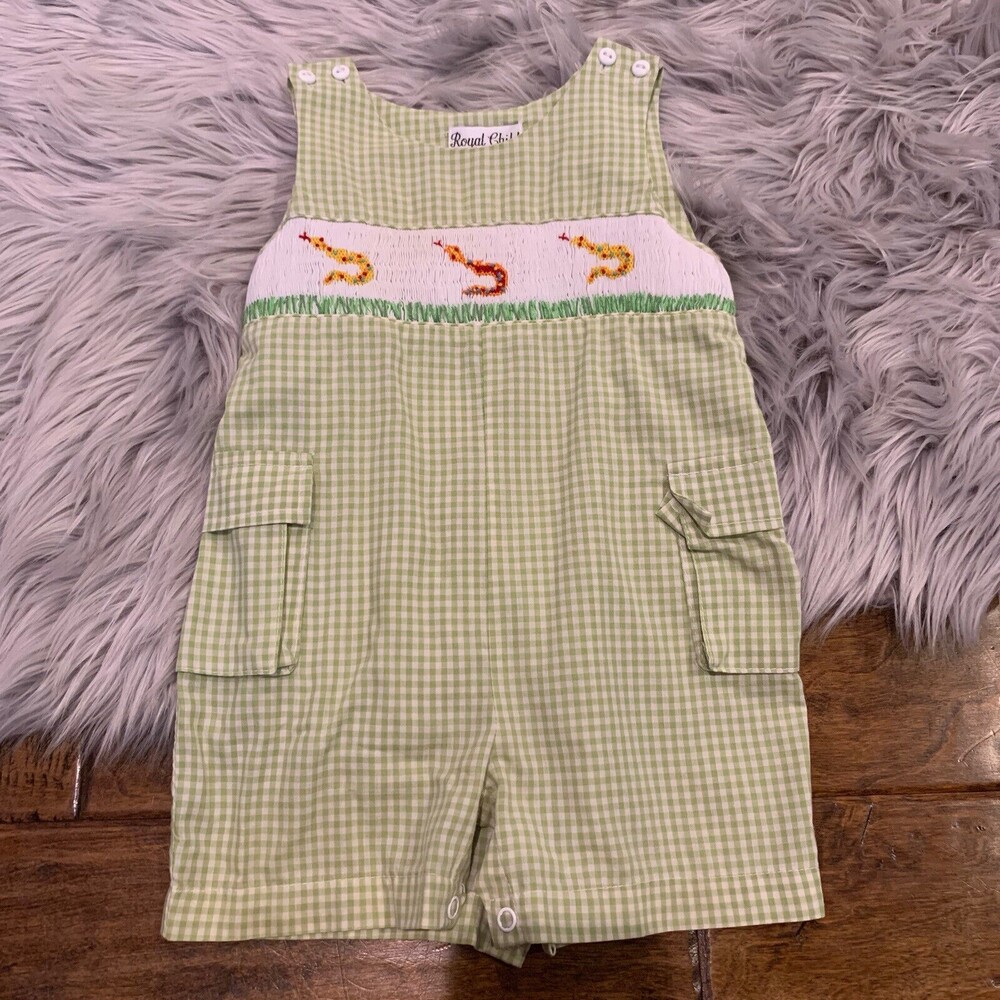 Royal Child Smocked Romper Boys Sleeveless Size 9M Snakes Green White Pockets